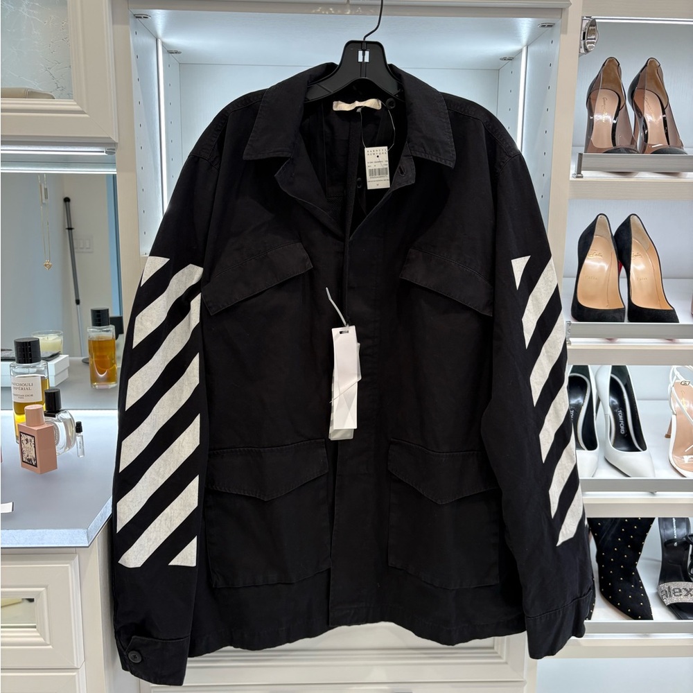 Off-White Black Military Shirt Jacket with White Diagonal Stripes